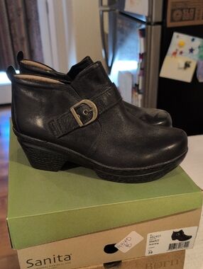 Sanita Black Leather Ankle Booties with Side Buckle Accent